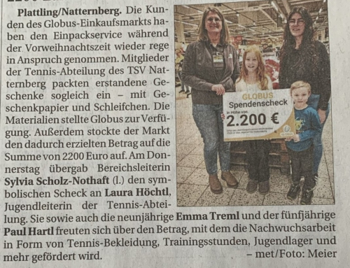 2200 € bringt die Globus Einpackaktion der Sparte Tennis